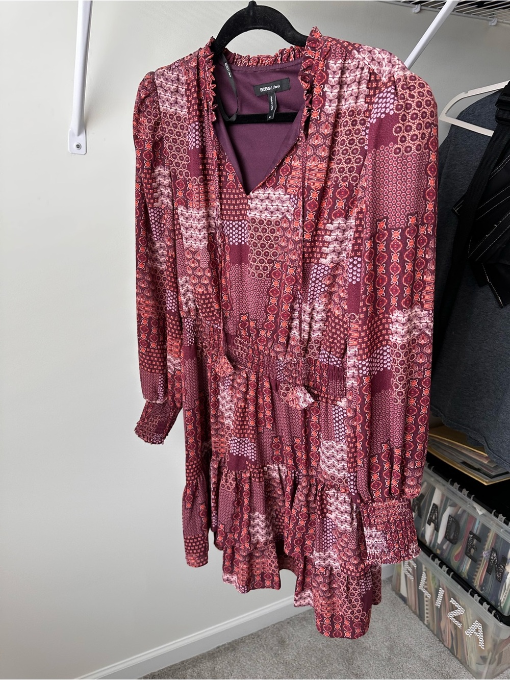 BCBG Paris Burgundy Patterned Long Sleeve Ruffle Dress